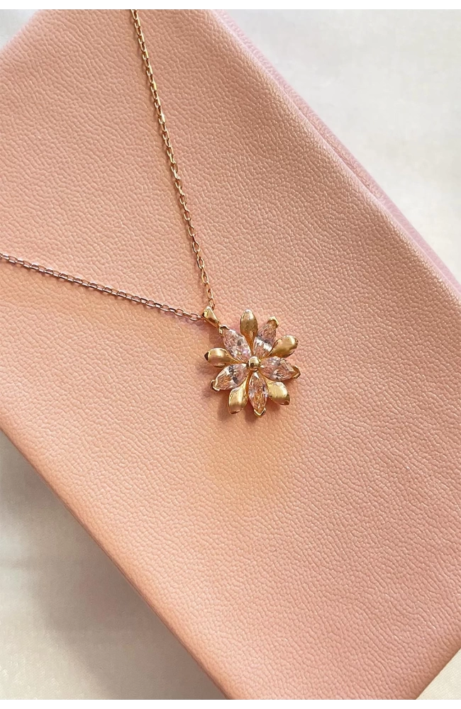 Pembe Taşlı Manolya Çiçeği Kolye 925 Ayar Gümüş