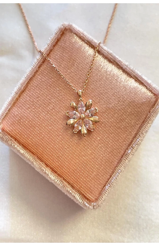 Pembe Taşlı Manolya Çiçeği Kolye 925 Ayar Gümüş
