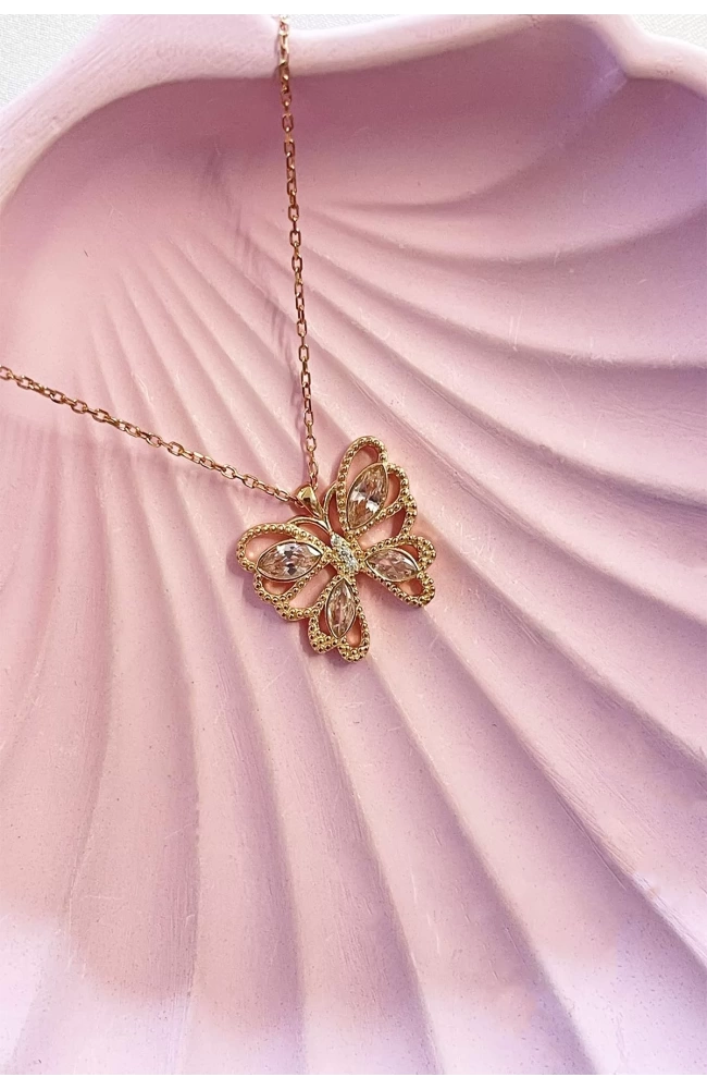Kadın Pembe Taşlı Kelebek Kolye 925 Ayar Gümüş