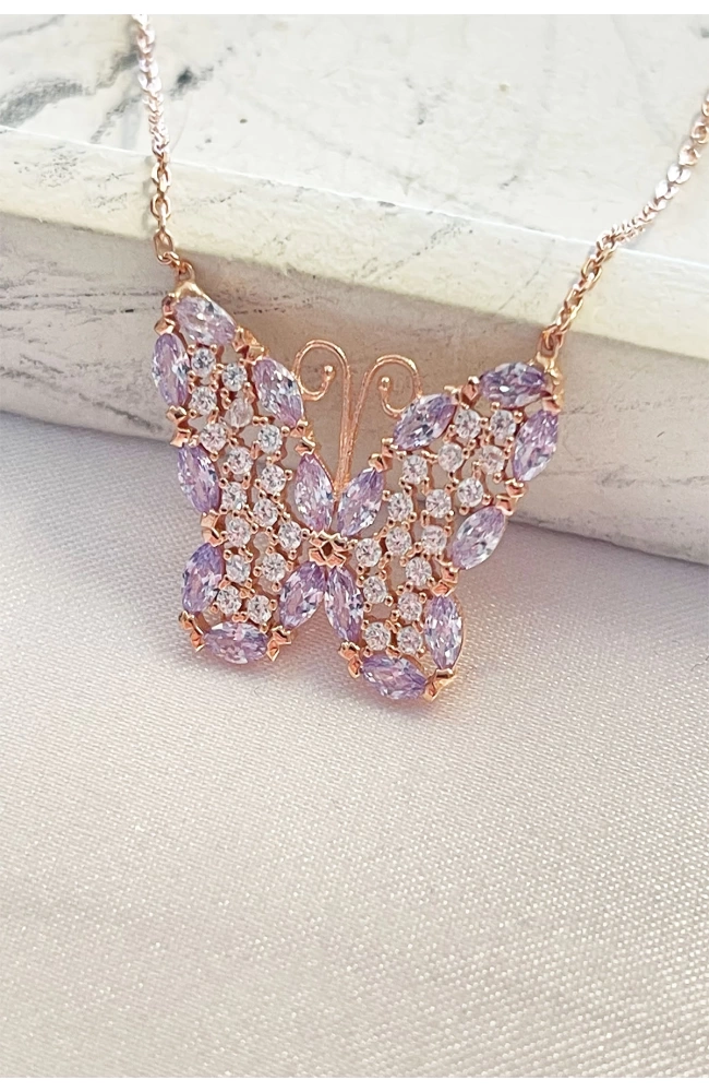 Mor Taşlı Fairy Kelebek Kolye 925 Ayar Gümüş