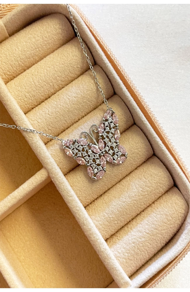 Pembe Taşlı Fairy Kelebek Kolye 925 Ayar Gümüş
