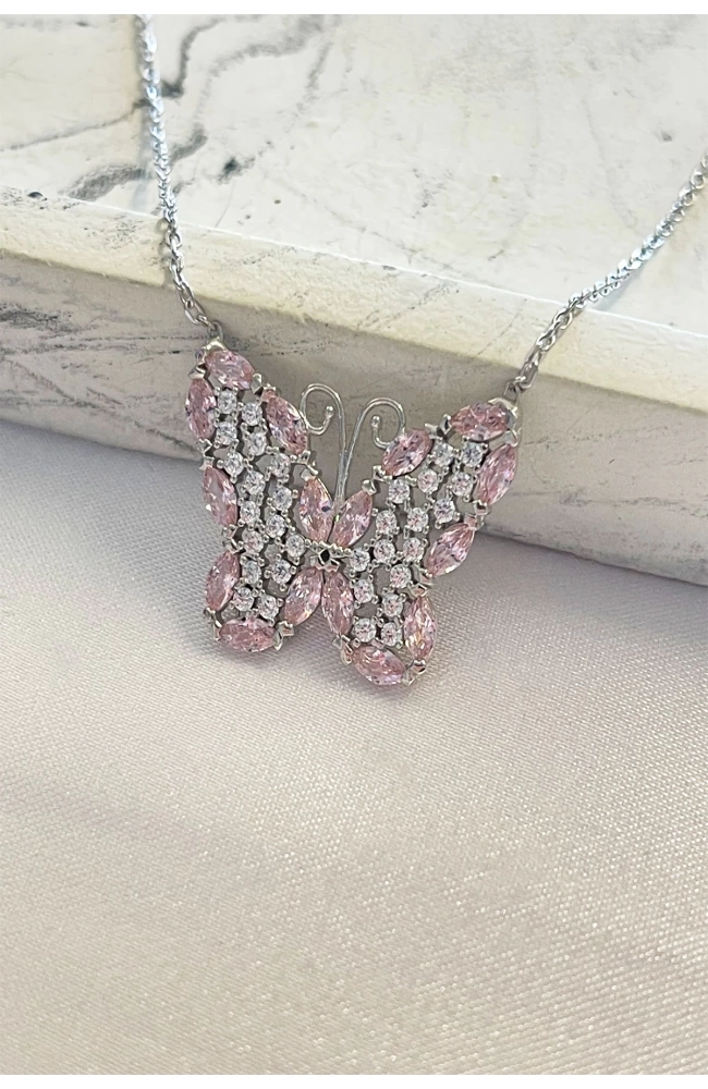 Pembe Taşlı Fairy Kelebek Kolye 925 Ayar Gümüş