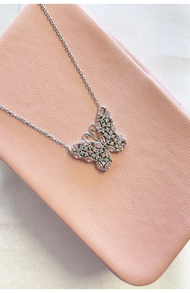 Pembe Taşlı Fairy Kelebek Kolye 925 Ayar Gümüş