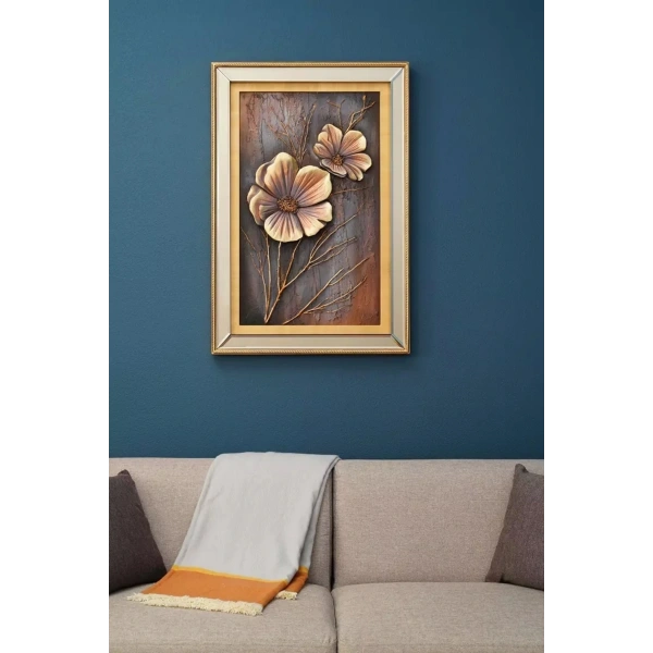 Two Tone Çiçek Desenli 3 Boyutlu Aynalı Çerçeveli Özel Tasarım Tablo 70x100cm