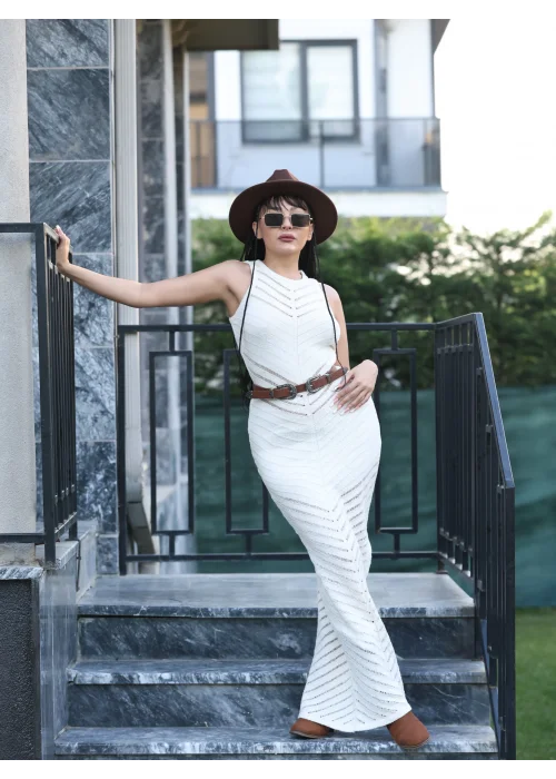 BEJ AJURLU YIRTMAÇLI MAXİ UZUN YAZLIK ELBİSE