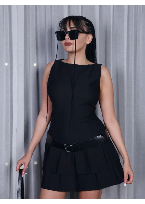 Kemerli Pilise Detaylı Kolsuz Mini Elbise