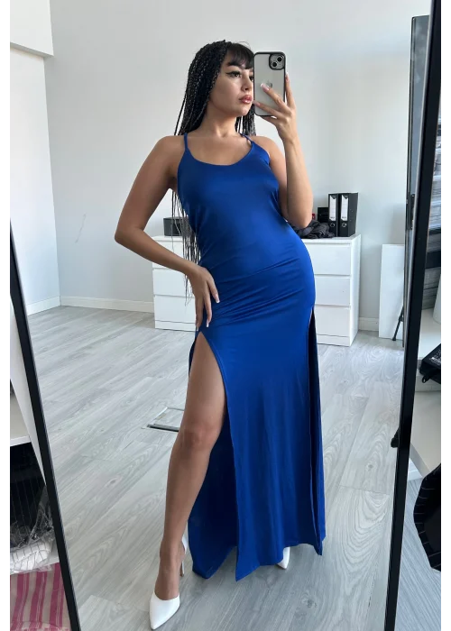 MAVİ ÇİFT YIRTMAÇLI ELBİSE