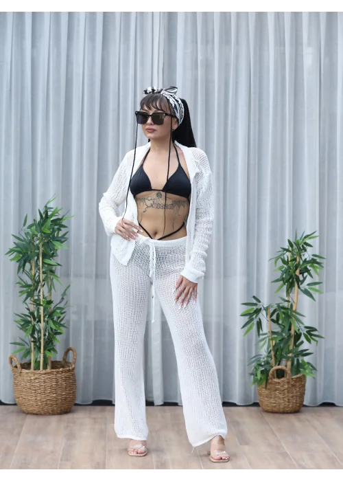 Polo Yaka Ajur Triko Krem Takım