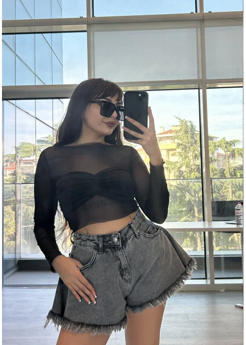 Püsküllü Denim Şort Antrasit Gri