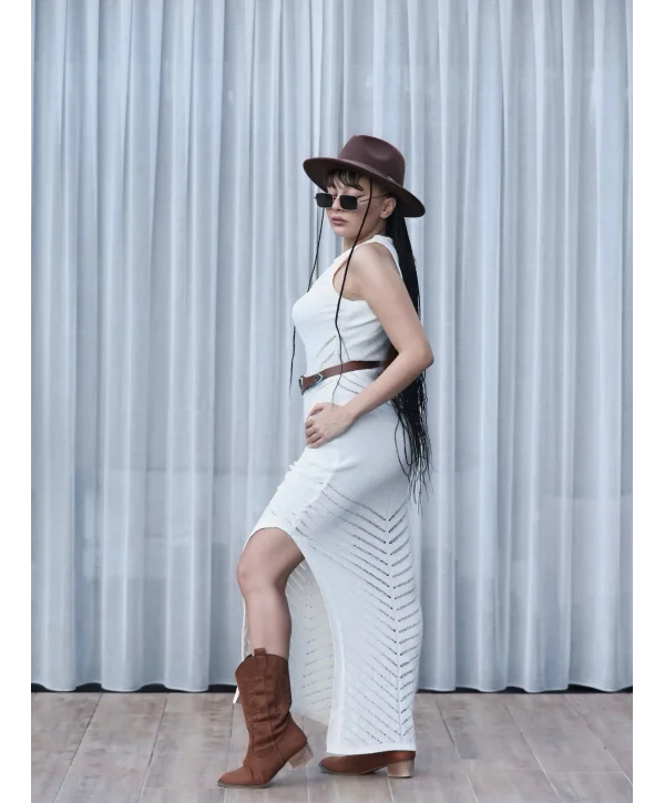 BEJ AJURLU YIRTMAÇLI MAXİ UZUN YAZLIK ELBİSE