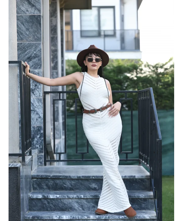 BEJ AJURLU YIRTMAÇLI MAXİ UZUN YAZLIK ELBİSE