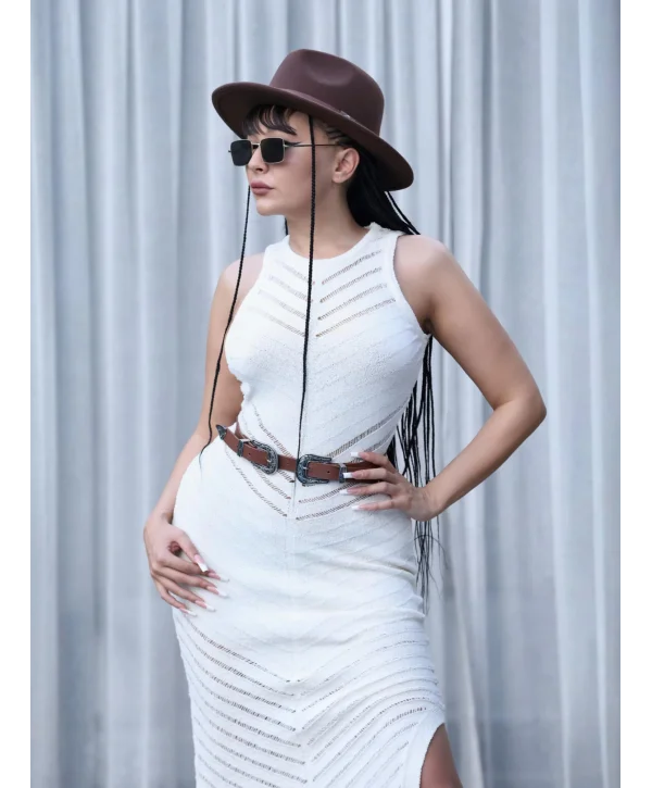 BEJ AJURLU YIRTMAÇLI MAXİ UZUN YAZLIK ELBİSE