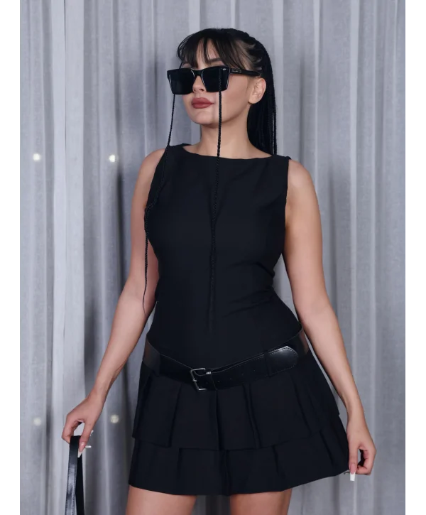 Kemerli Pilise Detaylı Kolsuz Mini Elbise