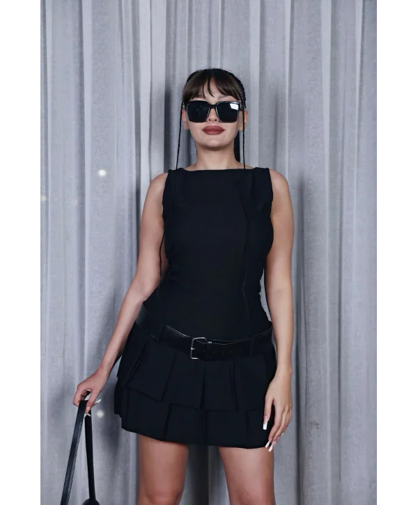 Kemerli Pilise Detaylı Kolsuz Mini Elbise