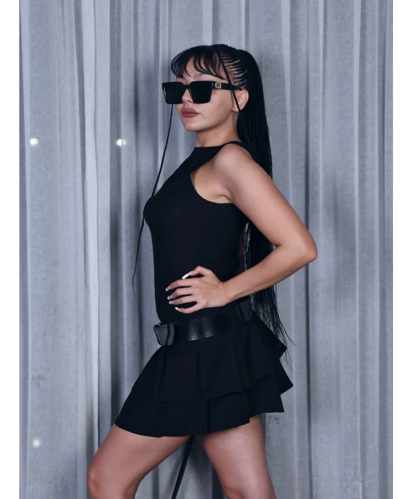 Kemerli Pilise Detaylı Kolsuz Mini Elbise