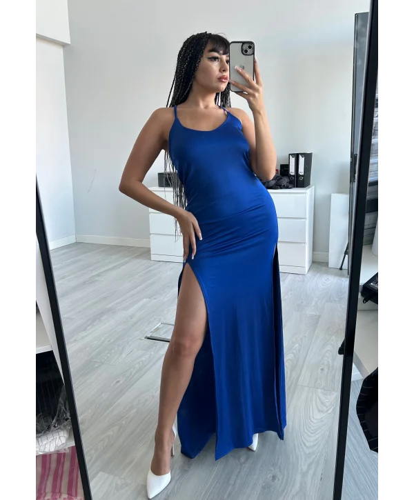 MAVİ ÇİFT YIRTMAÇLI ELBİSE