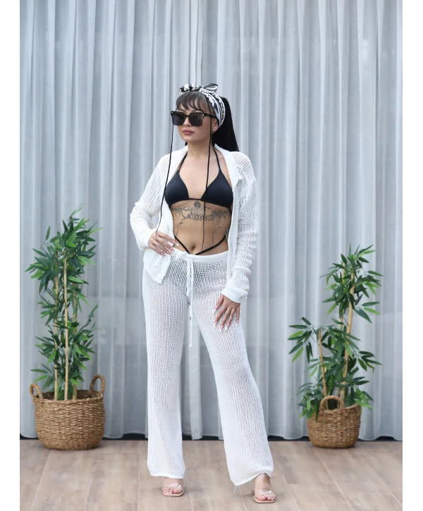 Polo Yaka Ajur Triko Krem Takım