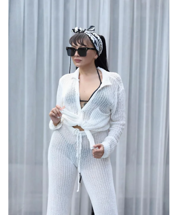 Polo Yaka Ajur Triko Krem Takım