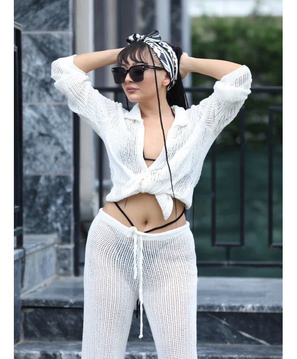 Polo Yaka Ajur Triko Krem Takım