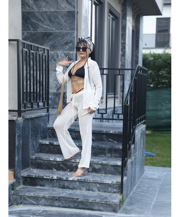 Polo Yaka Ajur Triko Krem Takım