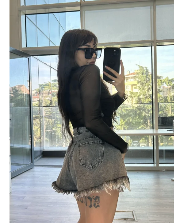 Püsküllü Denim Şort Antrasit Gri