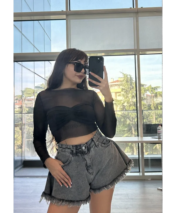 Püsküllü Denim Şort Antrasit Gri