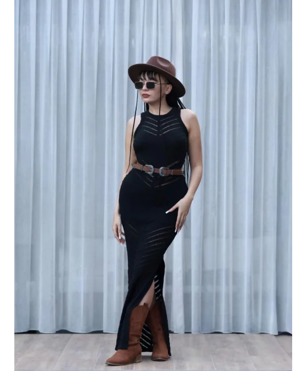 SİYAH AJURLU YIRTMAÇLI MAXİ UZUN YAZLIK ELBİSE