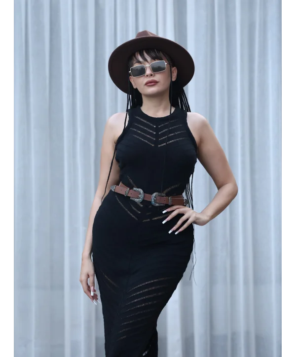 SİYAH AJURLU YIRTMAÇLI MAXİ UZUN YAZLIK ELBİSE