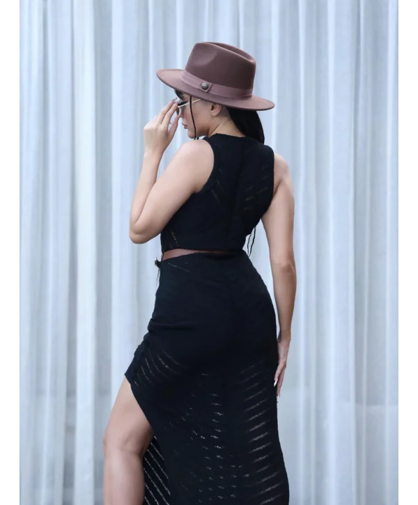 SİYAH AJURLU YIRTMAÇLI MAXİ UZUN YAZLIK ELBİSE