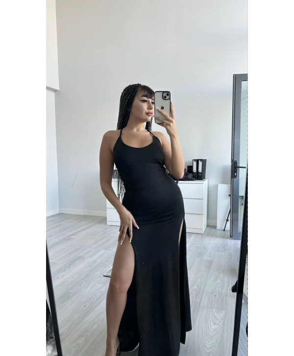 SİYAH ÇİFT YIRTMAÇLI ELBİSE