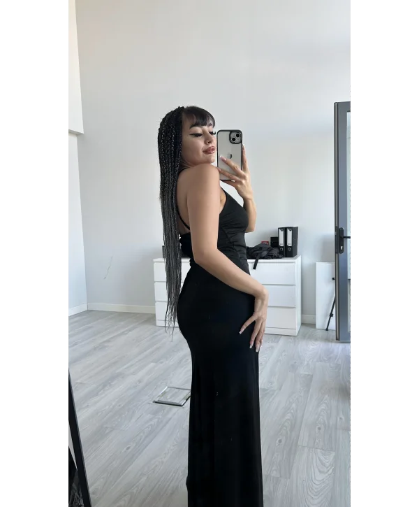 SİYAH ÇİFT YIRTMAÇLI ELBİSE