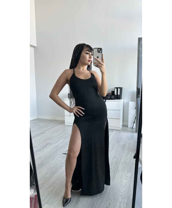 SİYAH ÇİFT YIRTMAÇLI ELBİSE