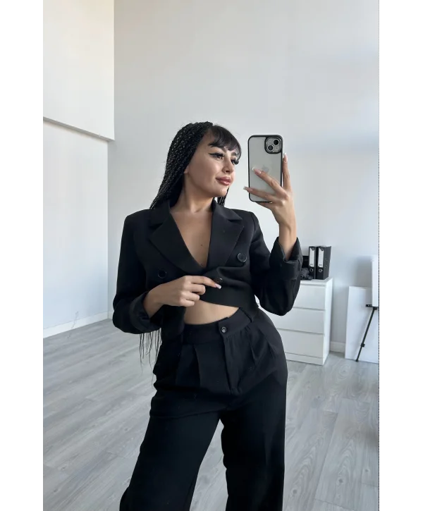 Siyah Pens Detaylı Pantolon ve Ceket Takımı