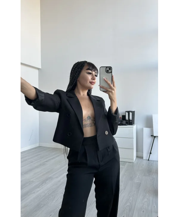 Siyah Pens Detaylı Pantolon ve Ceket Takımı