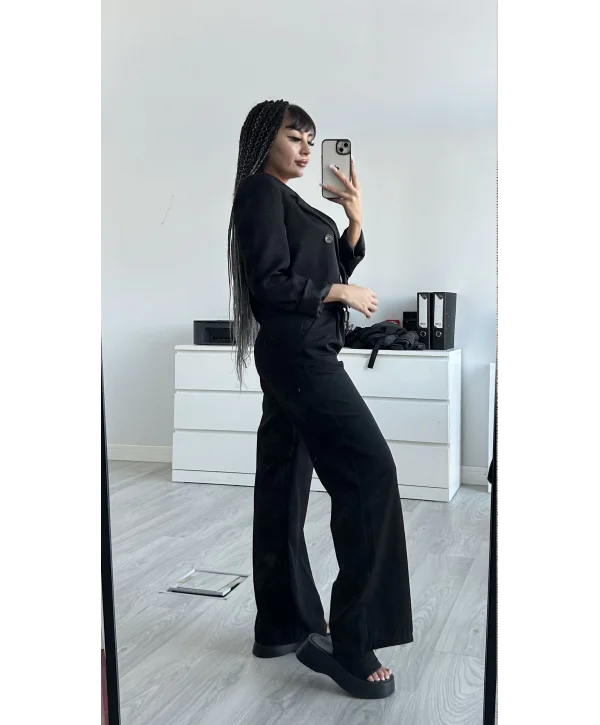 Siyah Pens Detaylı Pantolon ve Ceket Takımı
