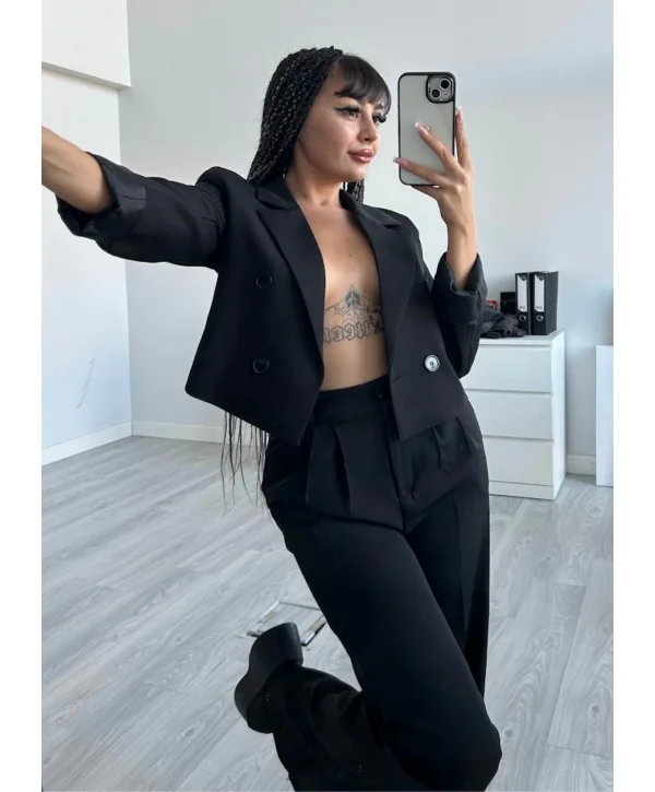 Siyah Pens Detaylı Pantolon ve Ceket Takımı