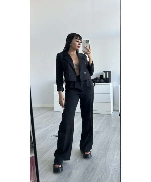 Siyah Pens Detaylı Pantolon ve Ceket Takımı