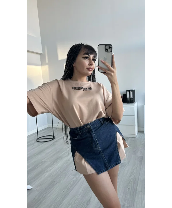 UNİSEX BASKILI BEJ T-SHIRT