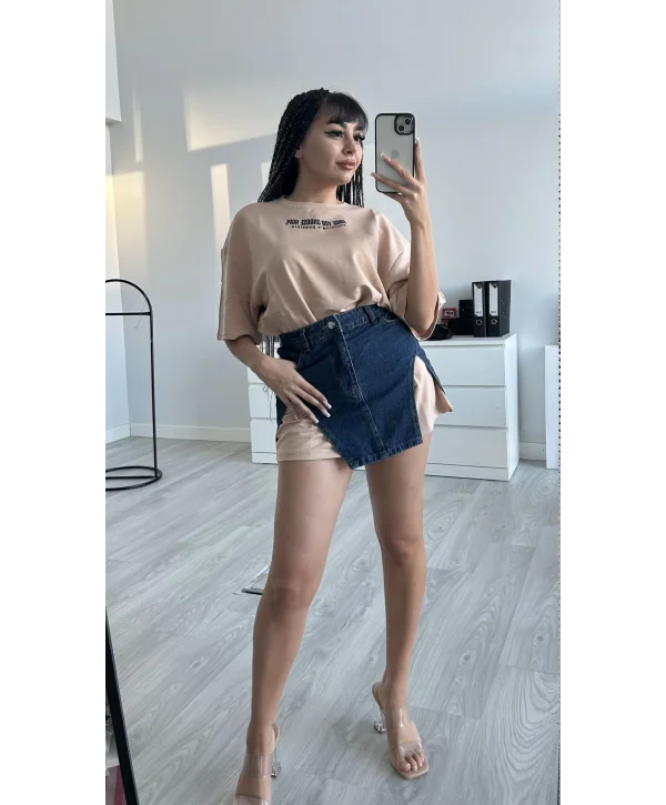 UNİSEX BASKILI BEJ T-SHIRT