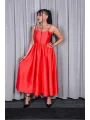Kırmızı Saten Askılı Midi Boy Elbise