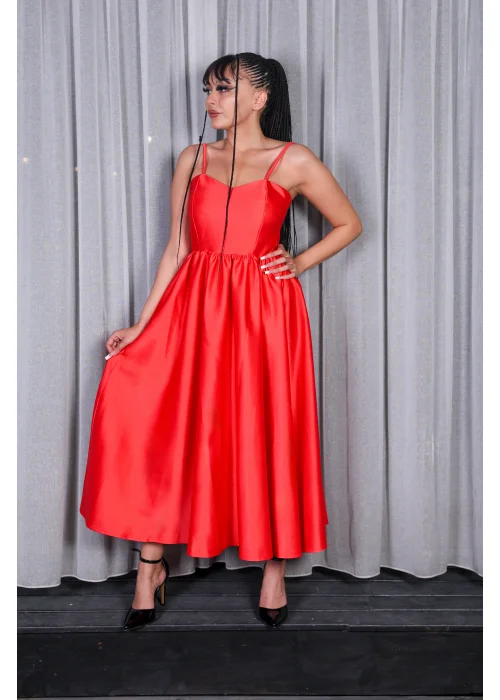 Kırmızı Saten Askılı Midi Boy Elbise