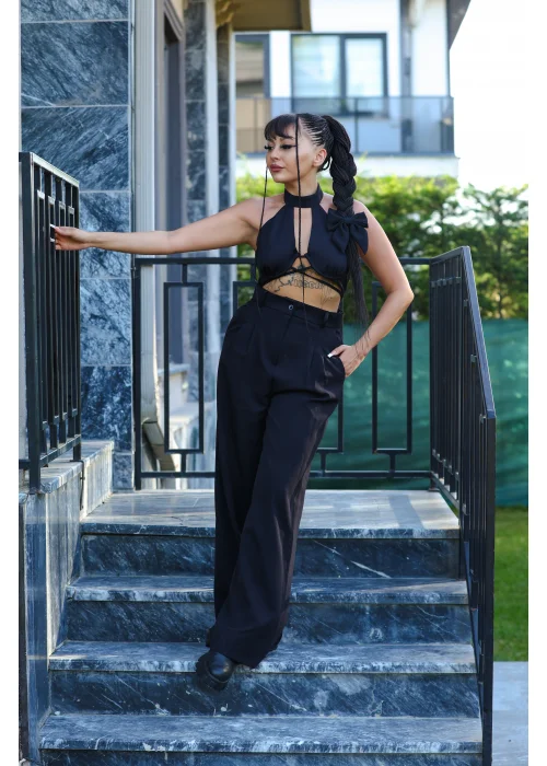 Siyah Beli Pileli Palazzo Pantolon