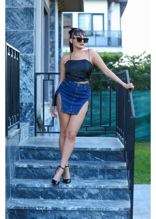 ÇİFT YIRTMAÇLI DENİM ETEK