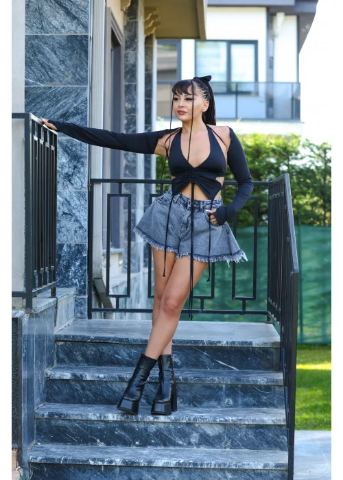 SİYAH BOLERO ASKILI CROP TOP
