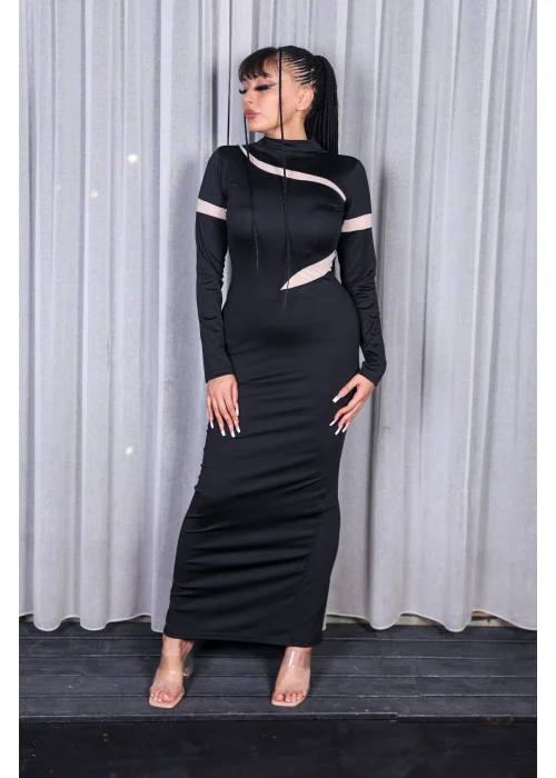 SİYAH TRANSPARAN DETAYLI ELBİSE