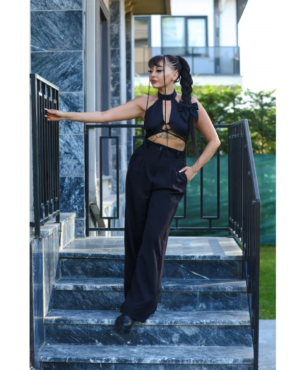 Siyah Beli Pileli Palazzo Pantolon