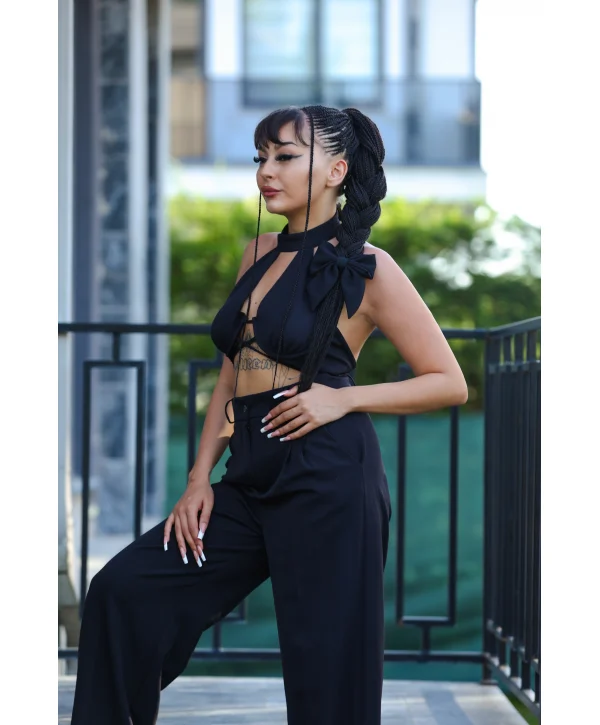 Siyah Beli Pileli Palazzo Pantolon