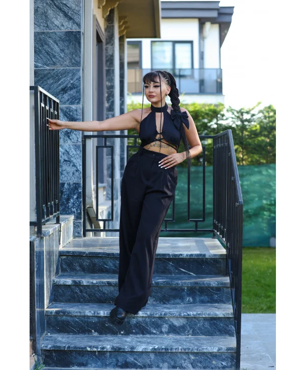 Siyah Beli Pileli Palazzo Pantolon