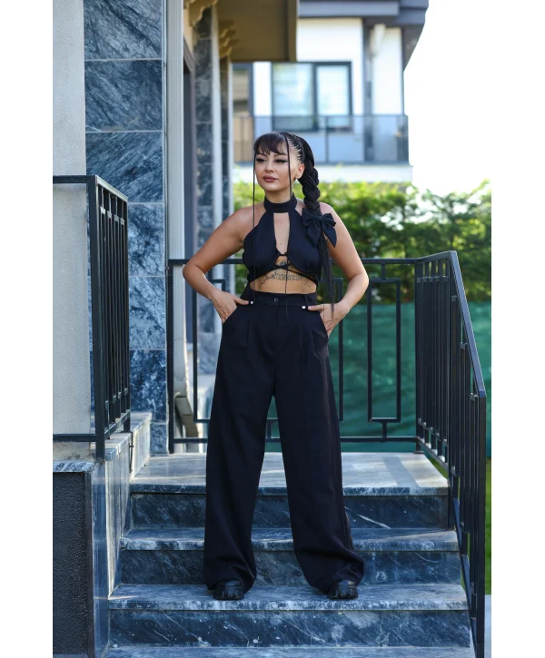 Siyah Beli Pileli Palazzo Pantolon