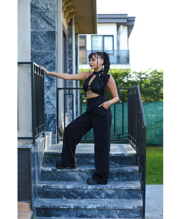 Siyah Beli Pileli Palazzo Pantolon